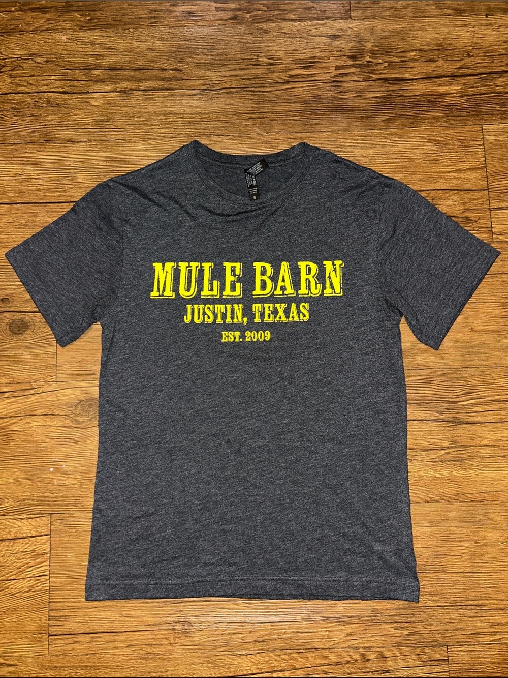 Heather Charcoal Tee with Yellow Mule Barn Logo